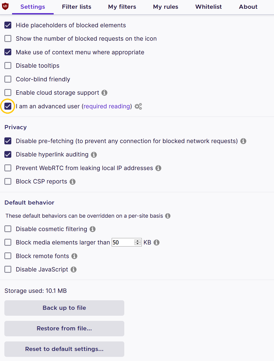 uBlock Origin Dashboard