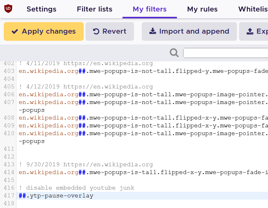 uBlock Origin Dashboard